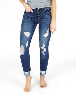 Nikki Button Fly Distressed Cuffed Jeggings