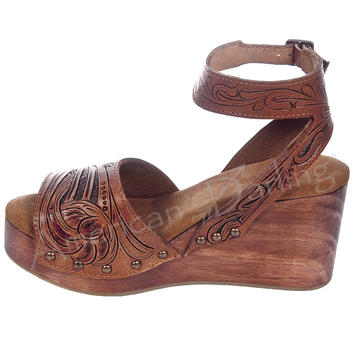 Hand Tooled Leather Strappy Wedge