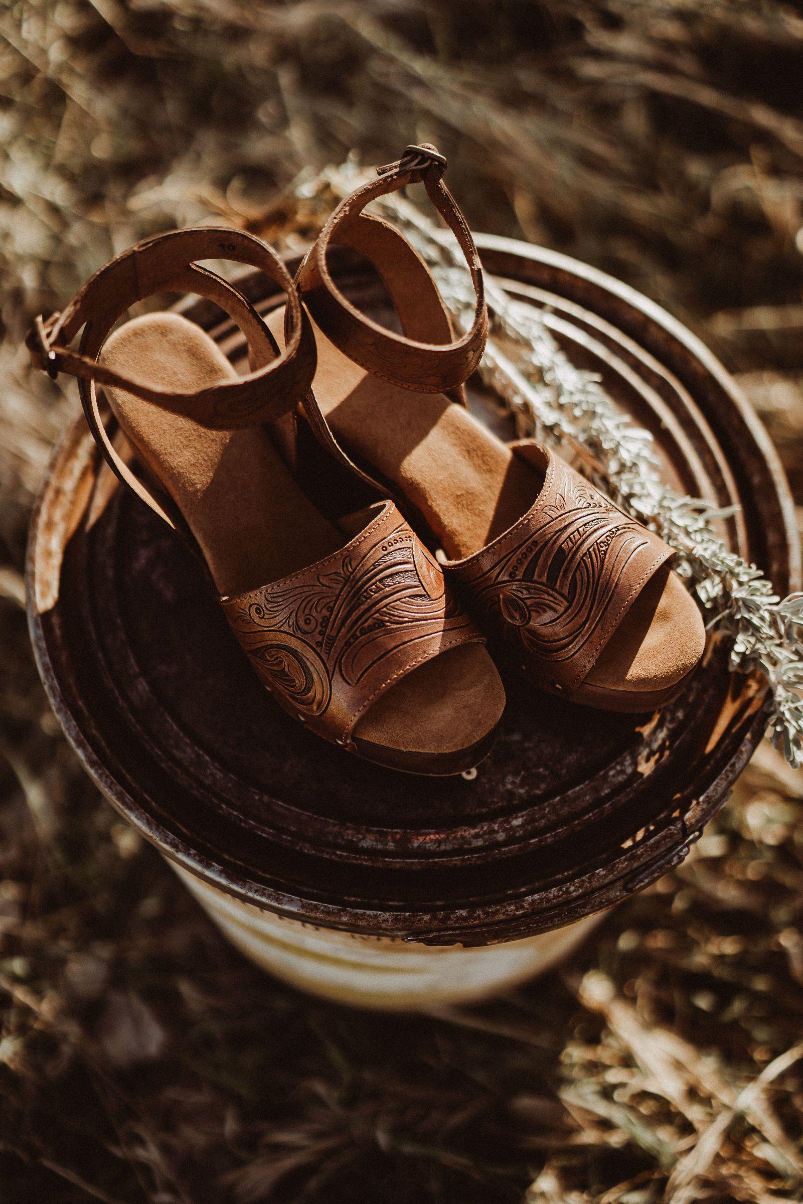 Hand Tooled Leather Strappy Wedge