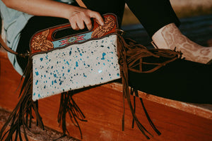 Turquoise Cowhide Clutch with Fringe