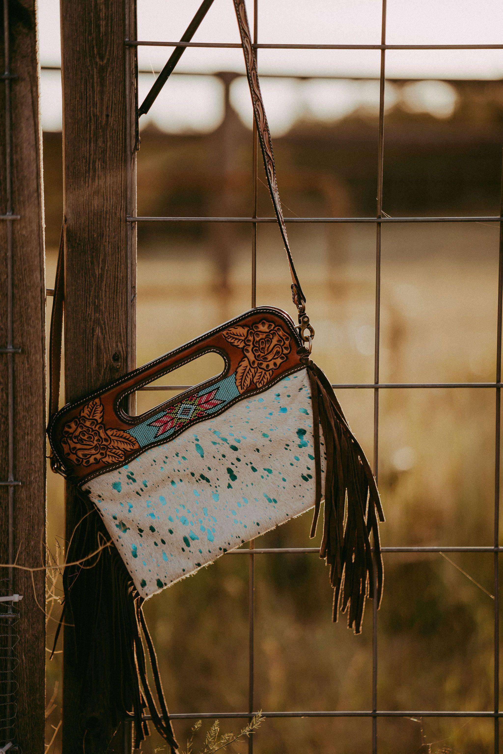 Turquoise Cowhide Clutch with Fringe