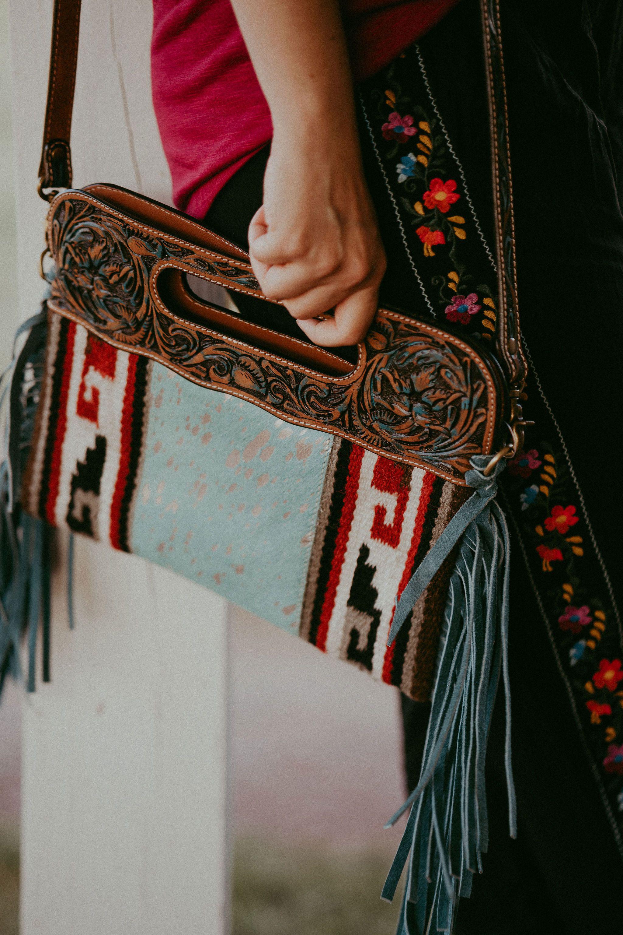 Turquoise Cowhide and Saddle Blanket Clutch