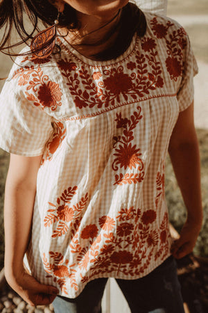 Tan and Cream Gingham Top with Embroidery
