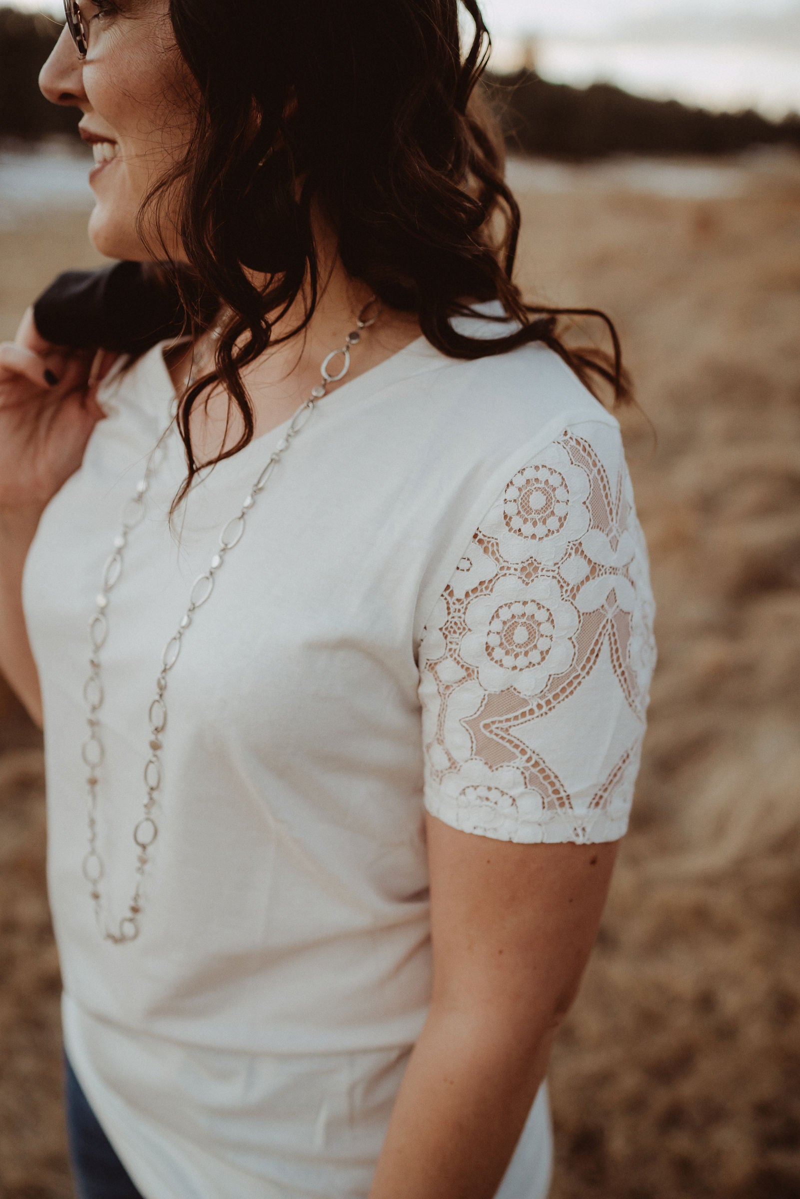 Ampersand Avenue White Tee with Lace Sleeves