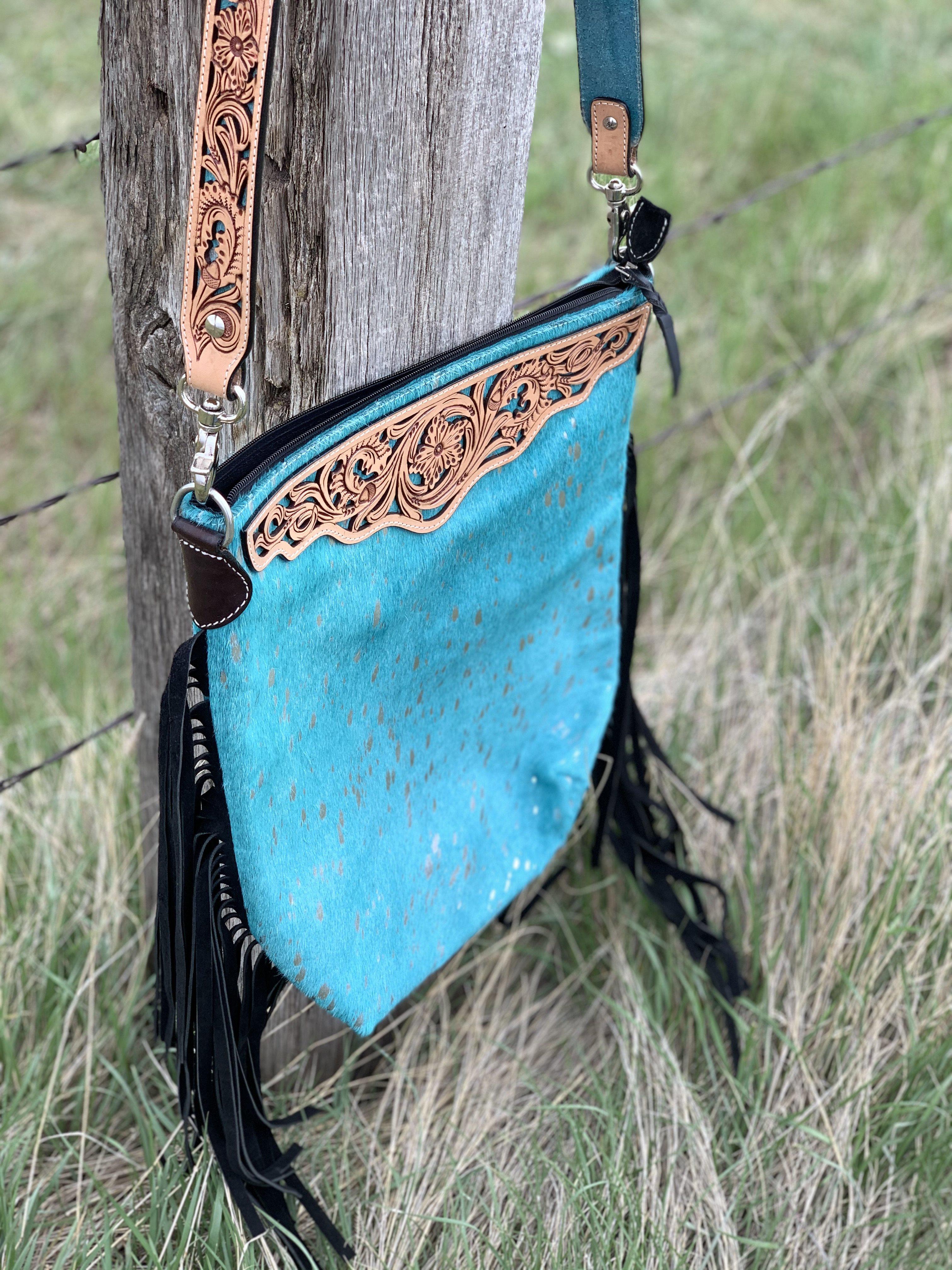 Large Boho Hide & Leather Turquoise Fringe Purse with Tooled Strap