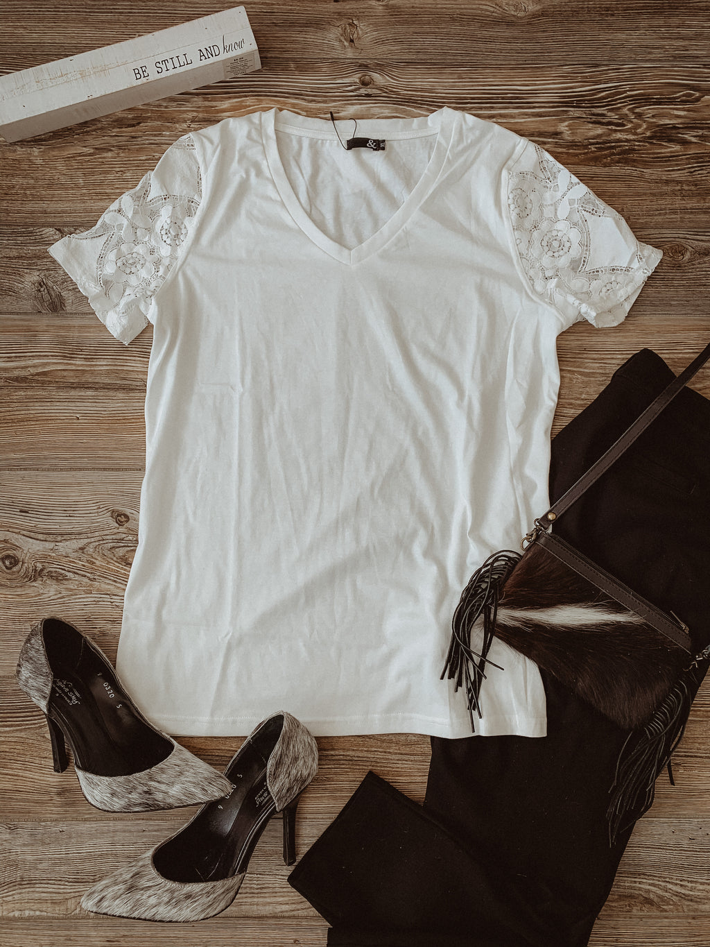 Ampersand Avenue White Tee with Lace Sleeves
