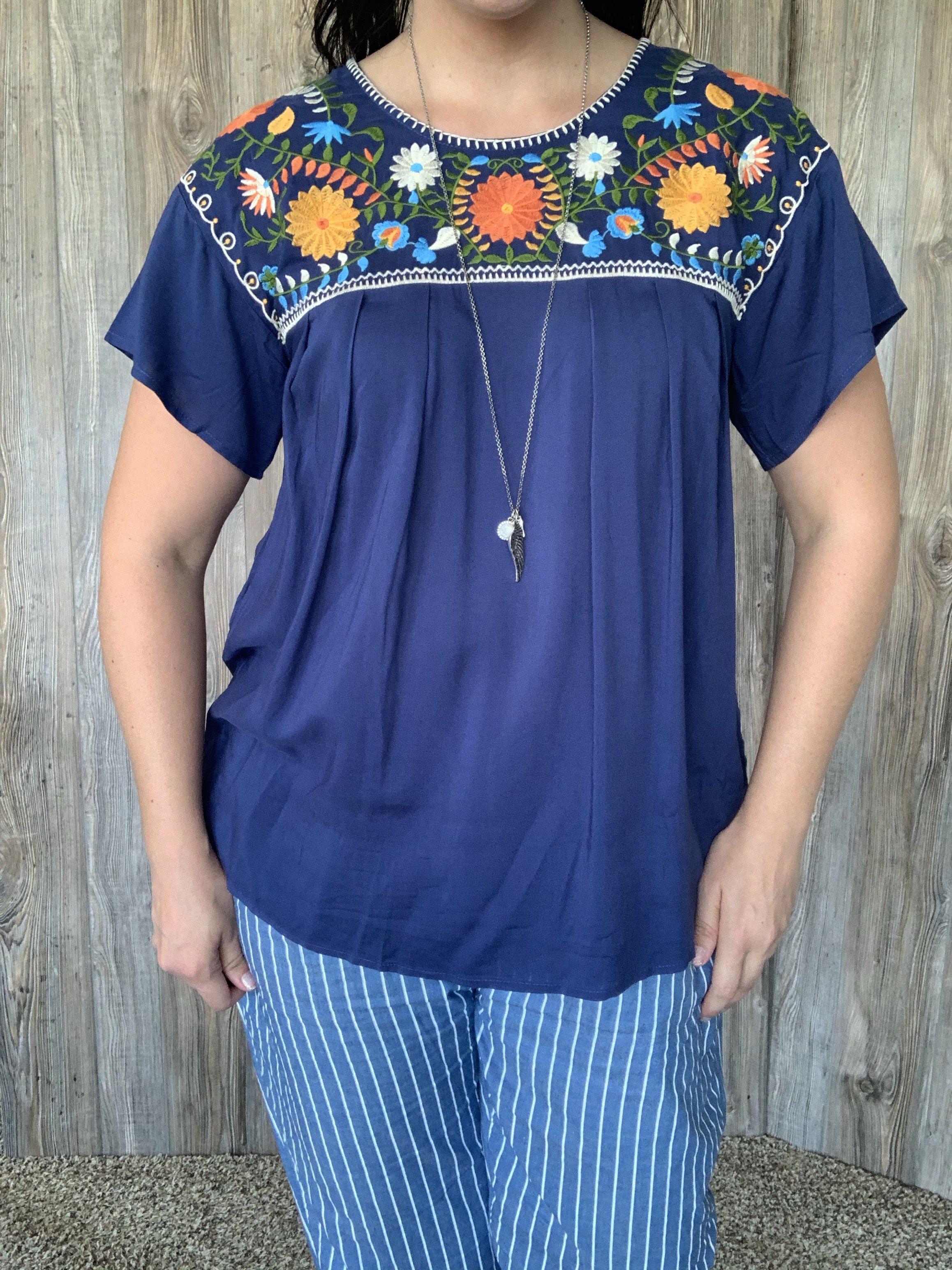 Multi-Colored Embroidered Navy Top