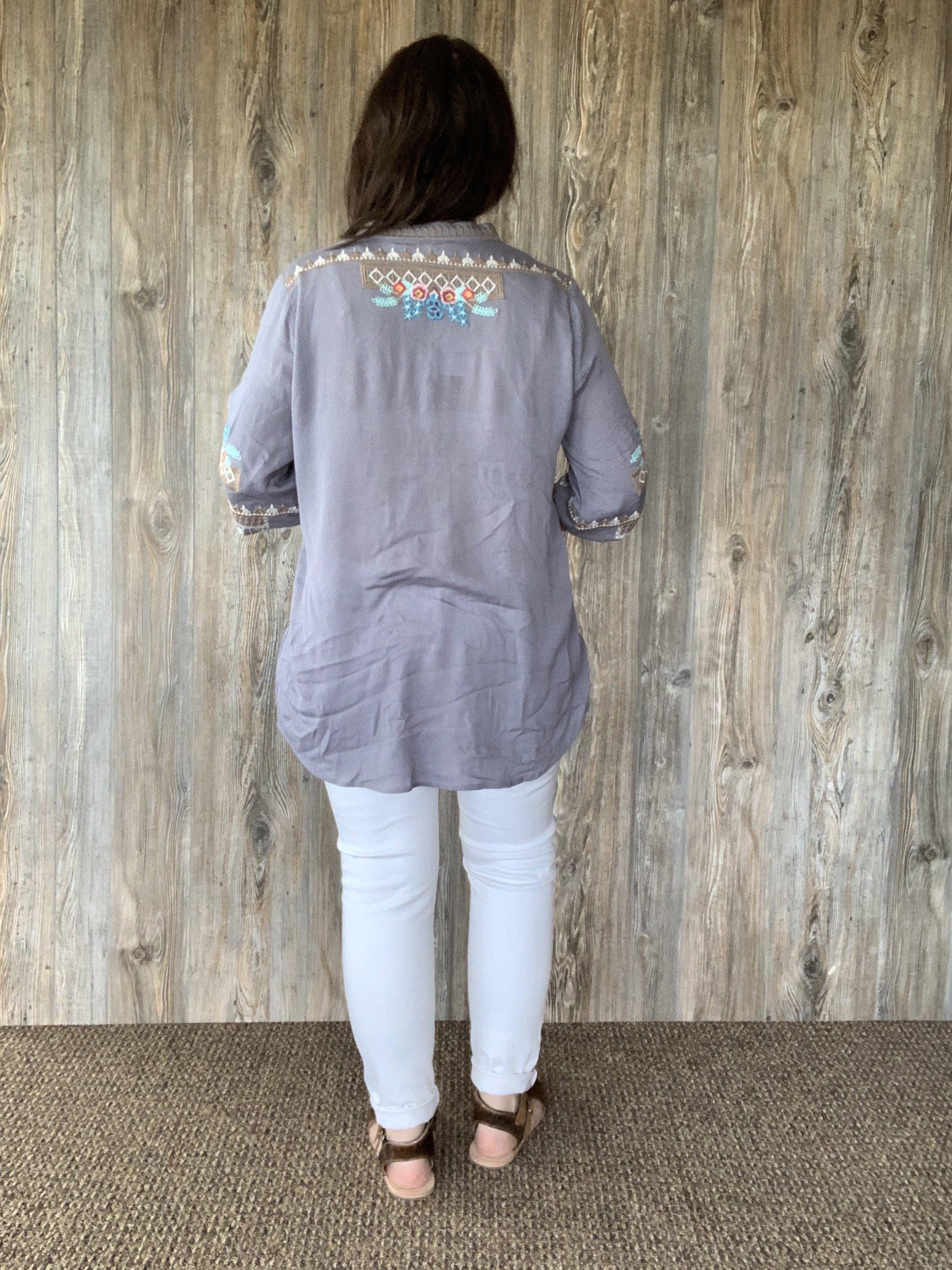 Embroidered Grey 3/4 Sleeve Top