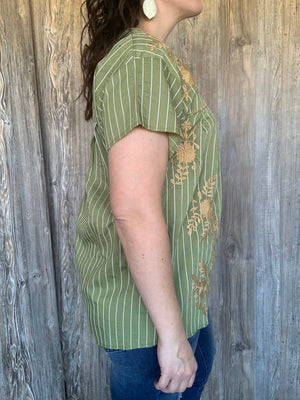 Olive Green and Tan Embroidered Top