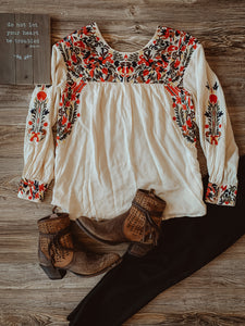 Long Sleeve Cream Top with Multi-Color Embroidery