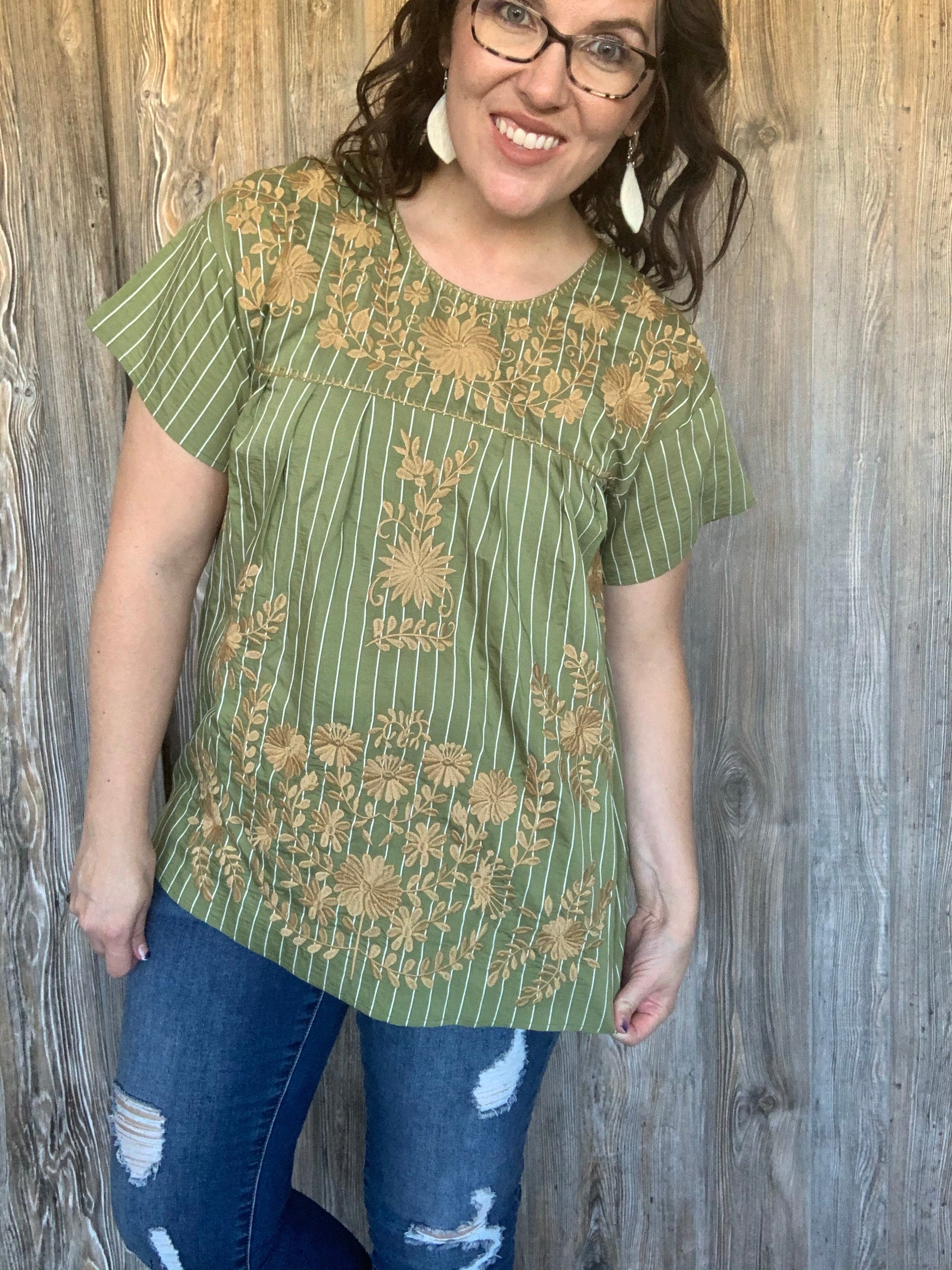 Olive Green and Tan Embroidered Top