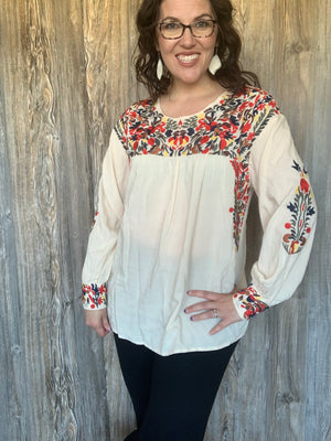 Long Sleeve Cream Top with Multi-Color Embroidery