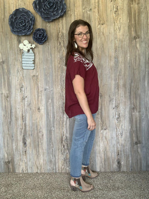Maroon and White Short Sleeved Top