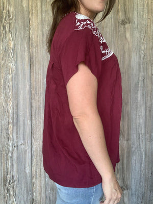 Maroon and White Short Sleeved Top