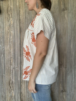 Tan and Cream Gingham Top with Embroidery